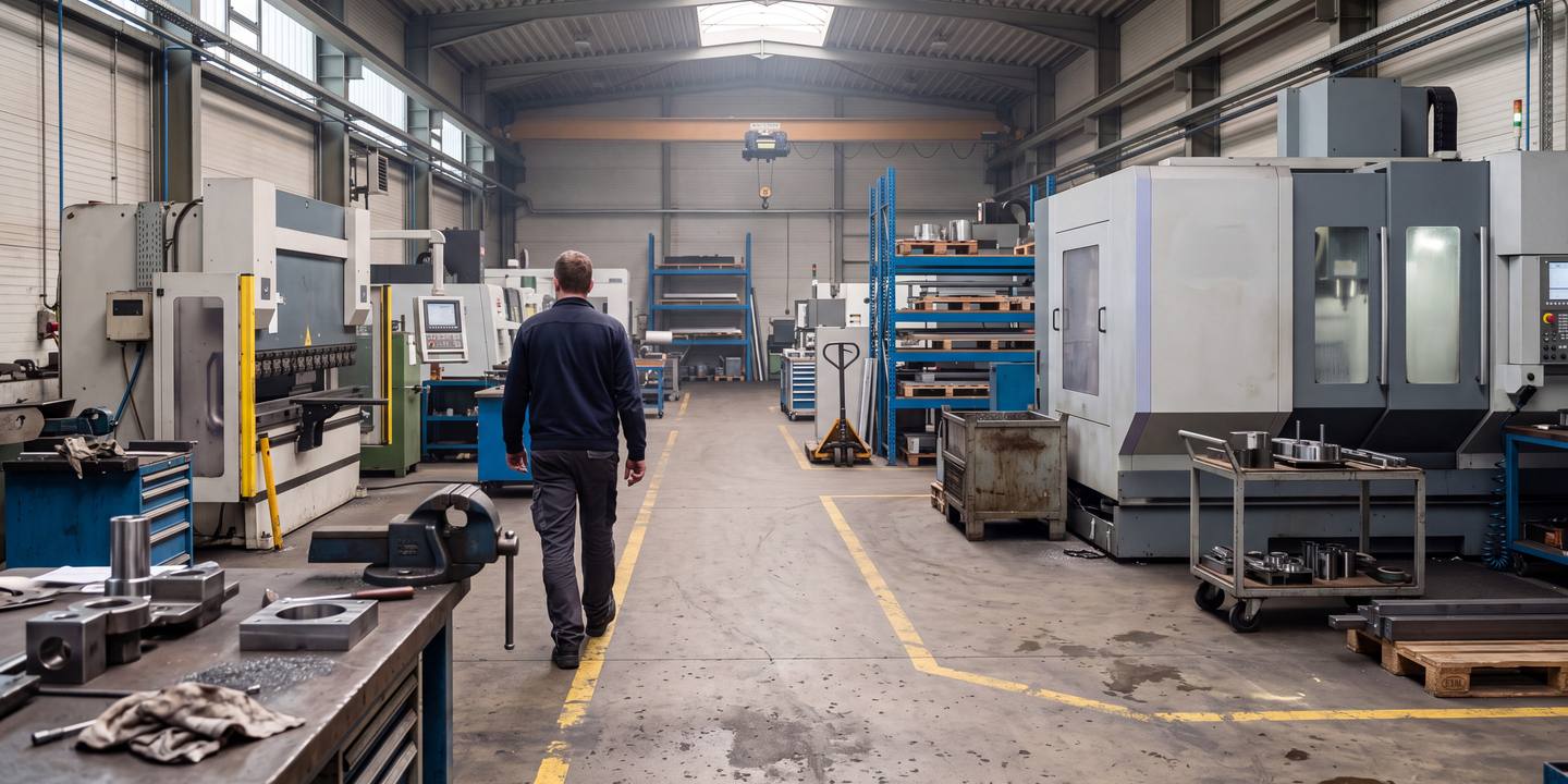 Blick durch eine Produktionshalle eines mittelständischen Metallbetriebs: ein Mitarbeiter geht den markierten Verkehrsweg zwischen Abkantpresse und Bearbeitungszentrum entlang
